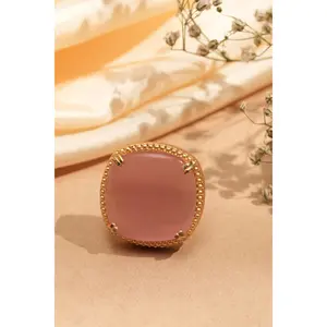 Natural Rose Quartz Stone Gold-Plated Adjustable Finger Ring