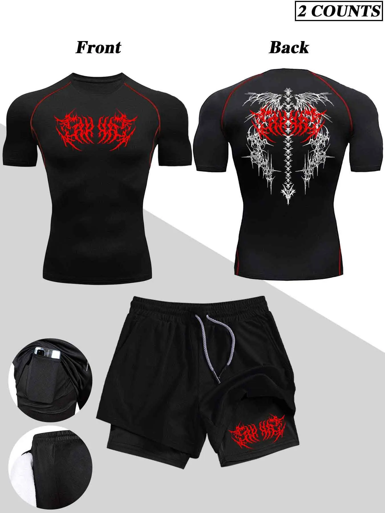 Men's Elite Sport Compression Quick-Dry Set (2-Piece), High Elasticity Fitness Wear, Compression Sportswear Set, Gothic Print T-Shirt & Dual-Layer Shorts