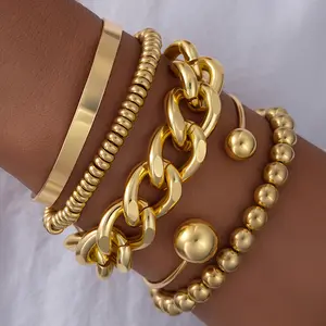 5pcs Fashion Chain Style Open Cuff BraceletSet,Stackable Design,Fashion Accessories for Women&Men,CubanChain Bracelets,Trendy Jewellery Accessories,Perfect for Dates and Parties