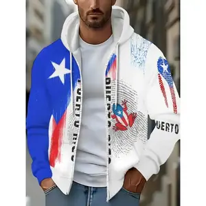 Men's Puerto Rico Flag-Inspired Hoodie - Casual Long Sleeve Zip-Up Sweatshirt with Drawstring & Pockets, Polyester, Perfect for Fall & Winter Outdoor Activities