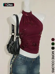 Spring Summer Must-Have Halter Neck Crop Top | 1 Piece Backless Sequin Floral Top for Women | Sexy Boho Style for Vacation Festival Beach Wear Boho Backless Camisole