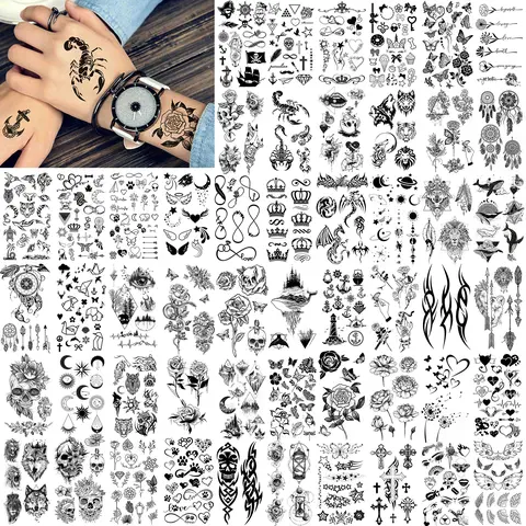 52 Sheets Creative Black Tiny Crown Infinity Triangle Fake Tattoos For Men Women Realistic Stars Letters Tattoos For Kids Tattoos Temporary Waterproof Arm Hand Face Finger Neck Tatoo Stickers