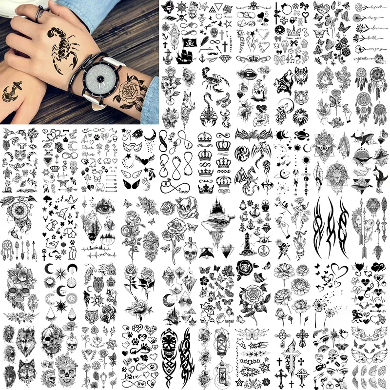 52 Sheets Creative Black Tiny Crown Infinity Triangle Fake Tattoos For Men Women Realistic Stars Letters Tattoos For Kids Tattoos Temporary Waterproof Arm Hand Face Finger Neck Tatoo Stickers