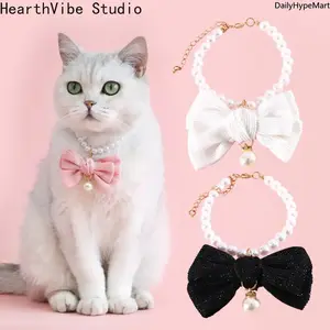 Unisex Pet Princess Velvet Collar with Pearl Pendant and Bowknot, Fashion Accessory for Cats and Dogs