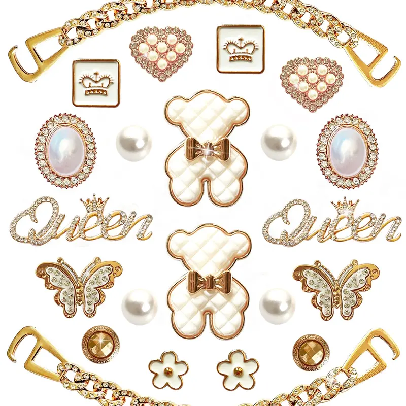 Women's Cute Bling Rhinestone Durable Plastic Shoe Charms, 20-Piece High-Quality Resin Decor Jewels with 2 Golden Shoe Chains, DIY Clog Sandal Decor for Thanksgiving, Girl's Holiday Party Favors (Christmas, Valentine's Day)