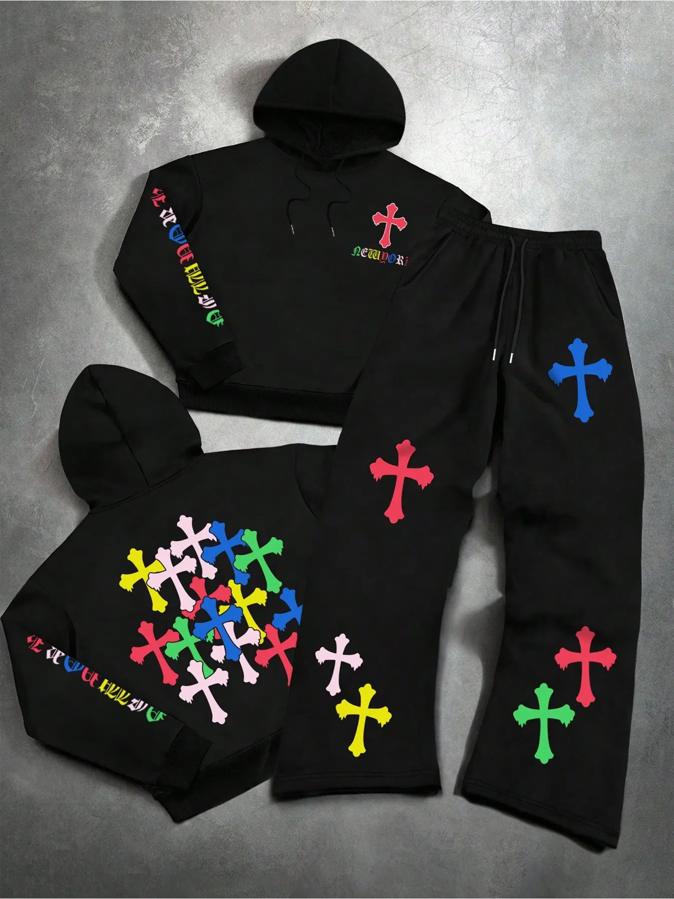 Hooded Sweatshirt Set, Colorful Cross Religious Print, Oversized Loose Fit, Fall & Winter Streetwear, Casual Daily Wear