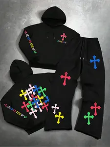 Hooded Sweatshirt Set, Knit Clothing Sets, Long Sleeve, Colorful Cross Religious Print, Loose Fit, Fall & Winter Streetwear, Casual Daily Wear, Cozy Set, Casual Outfit Set, Menswear