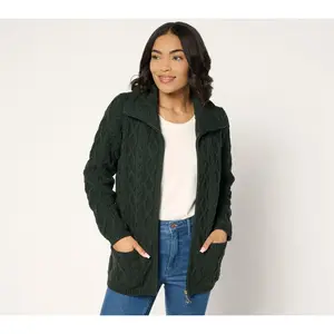 Aran Craft Merino Wool Zip-Front Sweater with Pockets