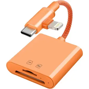 [Apple MFi Certified] SD Card Reader for iPhone iPad Mac, SD Card Adapter with USB-C and Lightning Dual Slot for MicroSD/SD, TF Card Trail Camera Viewer Memory Plug and Play (Orange)
