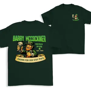 Barry McCockiner Irish Pub Graphic T-Shirt, St Patrick’s Day Funny Leprechaun Beer Tee, Retro Irish Outfit Gift for Men and Women