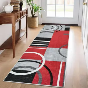 GARVEE Washable Runner Rug 2x6 Modern Circle Rugs Runner Non Slip Low Pile Rug for Hallway Soft Long Rugs Indoor Floor Carpet for Kitchen Bedroom Entryway, Red