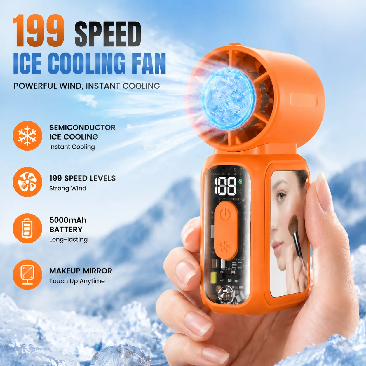 Portable Handheld Fan, High Power Mini Cooling Fan with 5000mAh Rechargeable Battery, Bring a portable makeup mirror ,Strong Wind Air Cooler for Summer Travel, Mini powerful small fan ,  Outdoor portable small fan,Office & Home Use