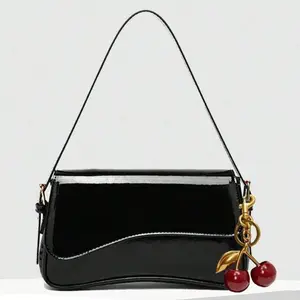 Y2K Cute Women's Shoulder Bag, Square Bag PU Leather Versatile Patent Leather Small Purse Baddie Bag, Underarm  Handbag, Fashion Crossbody Bag, Comes with Cherry Charm Decor