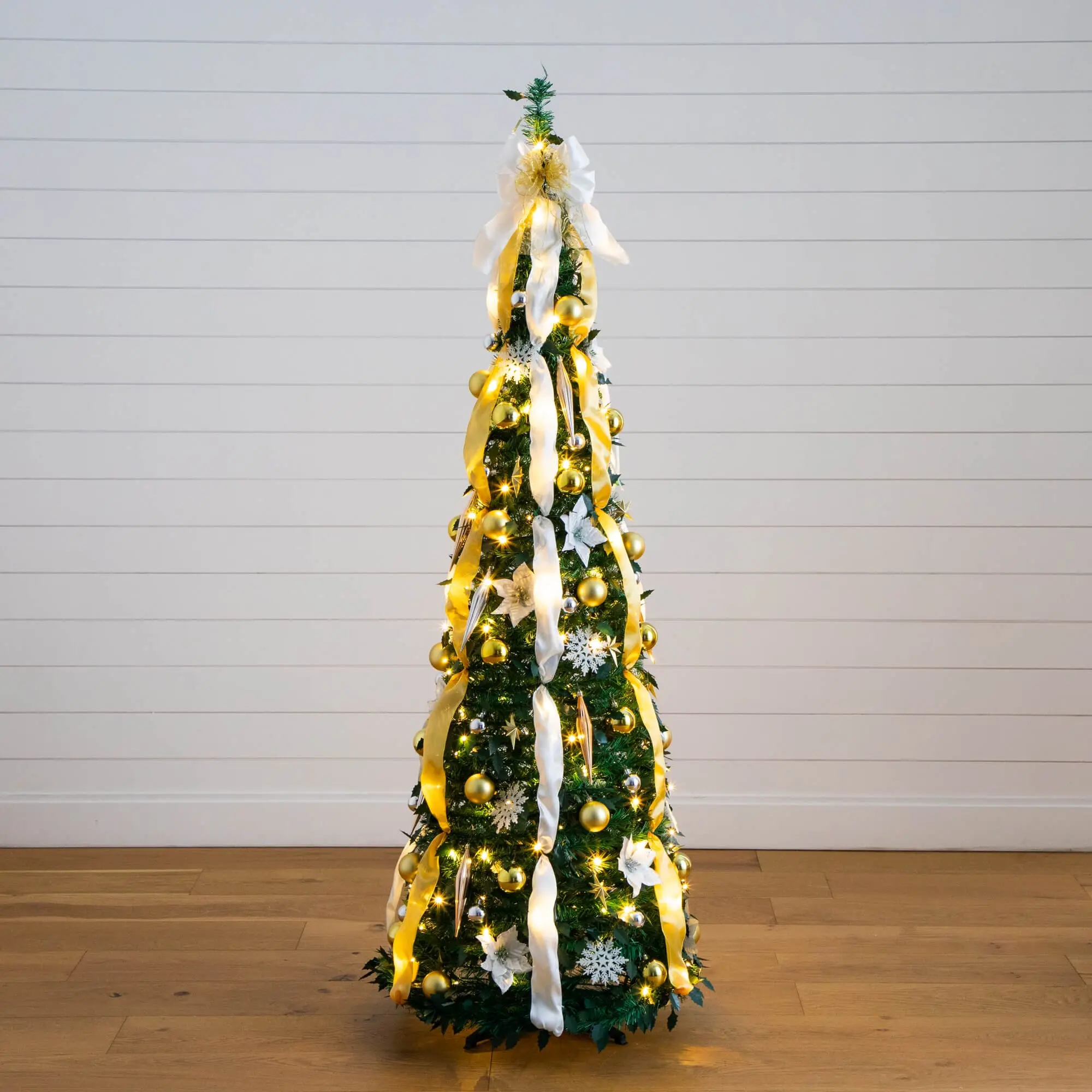 6ft Pre-Lit Pop-Up Evergreen Artificial Christmas Tree - Easy Install Modern Christmas Home Decoration, Pull-Down Design, Gold & Silver Ornaments, Ribbons, 150 Warm White LED Mood Lighting, Full Evergreen Silhouette