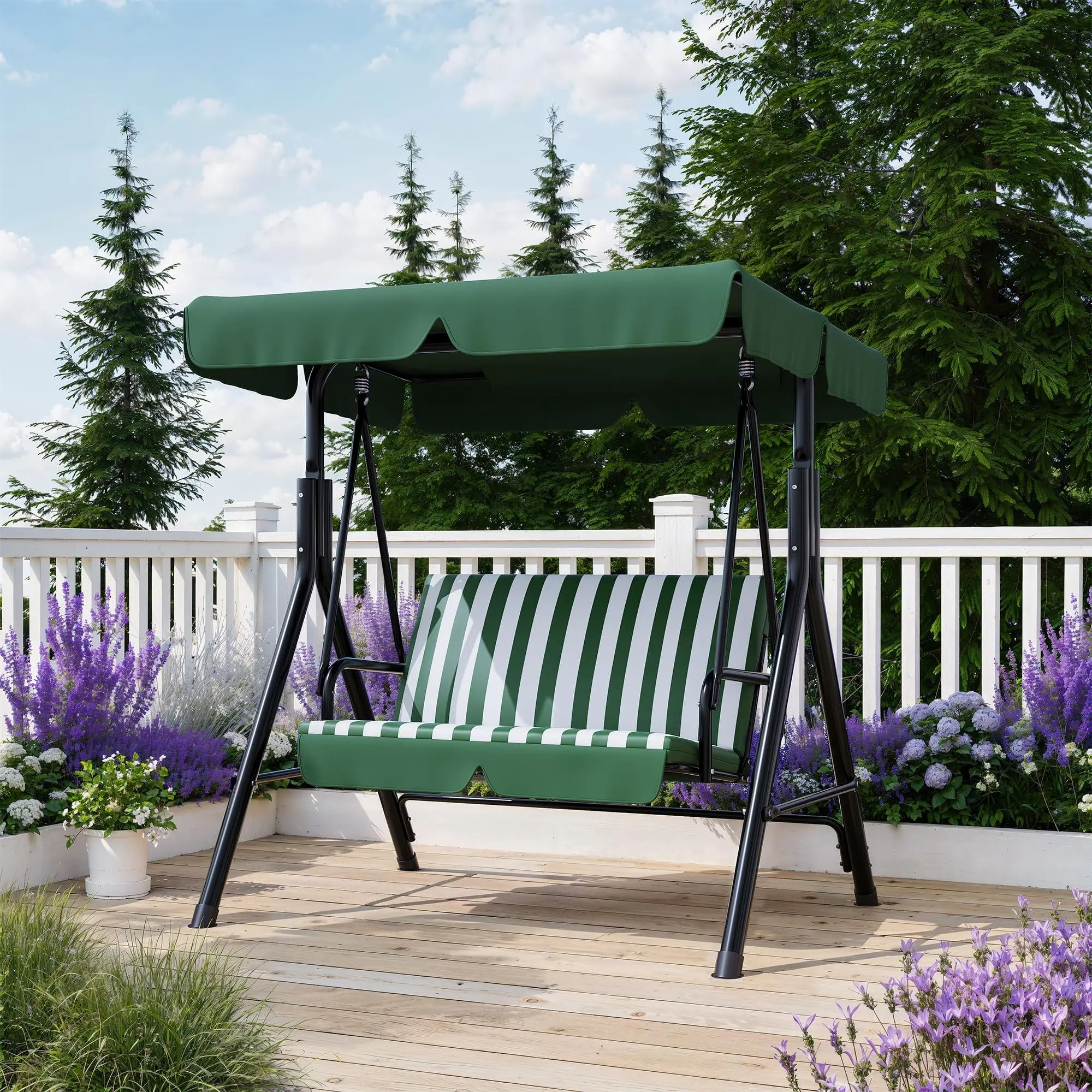 GARVEE Outdoor Porch Swing with Adjustable Canopy, 3-Seat Patio Swing Chair with Stand, Heavy Duty Outdoor Swing for Adults, Metal Frame Patio Swing for Garden, Backyard & Poolside,Striped Green