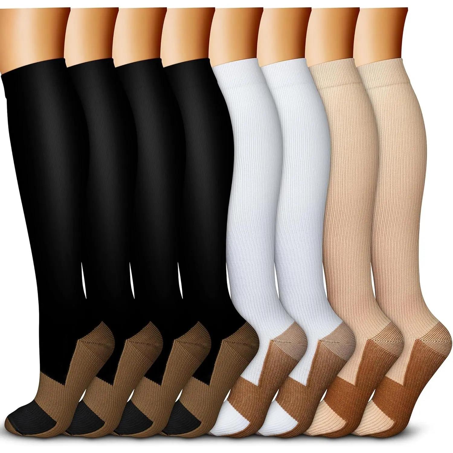 Women's 15-20 mmHg Copper-Infused Compression Socks (8 Pairs, Unisex Fit) - Circulation Support for Athletic Running, Compression Socks for Women, Anti-Fatigue Knee-High Socks, Breathable Knee-High Socks