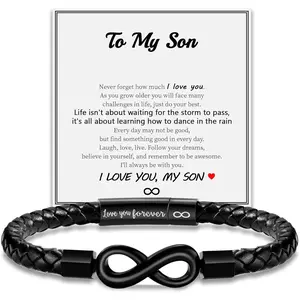 Leather Bracelet for Men Teen Boy Gifts To My Son Bracelet from Mom Fathers Day Bracelet Gifts for Dad Grandpa Love You Forever Engraved Husband Birthday Gift Ideas Infinity Knot Jewelry