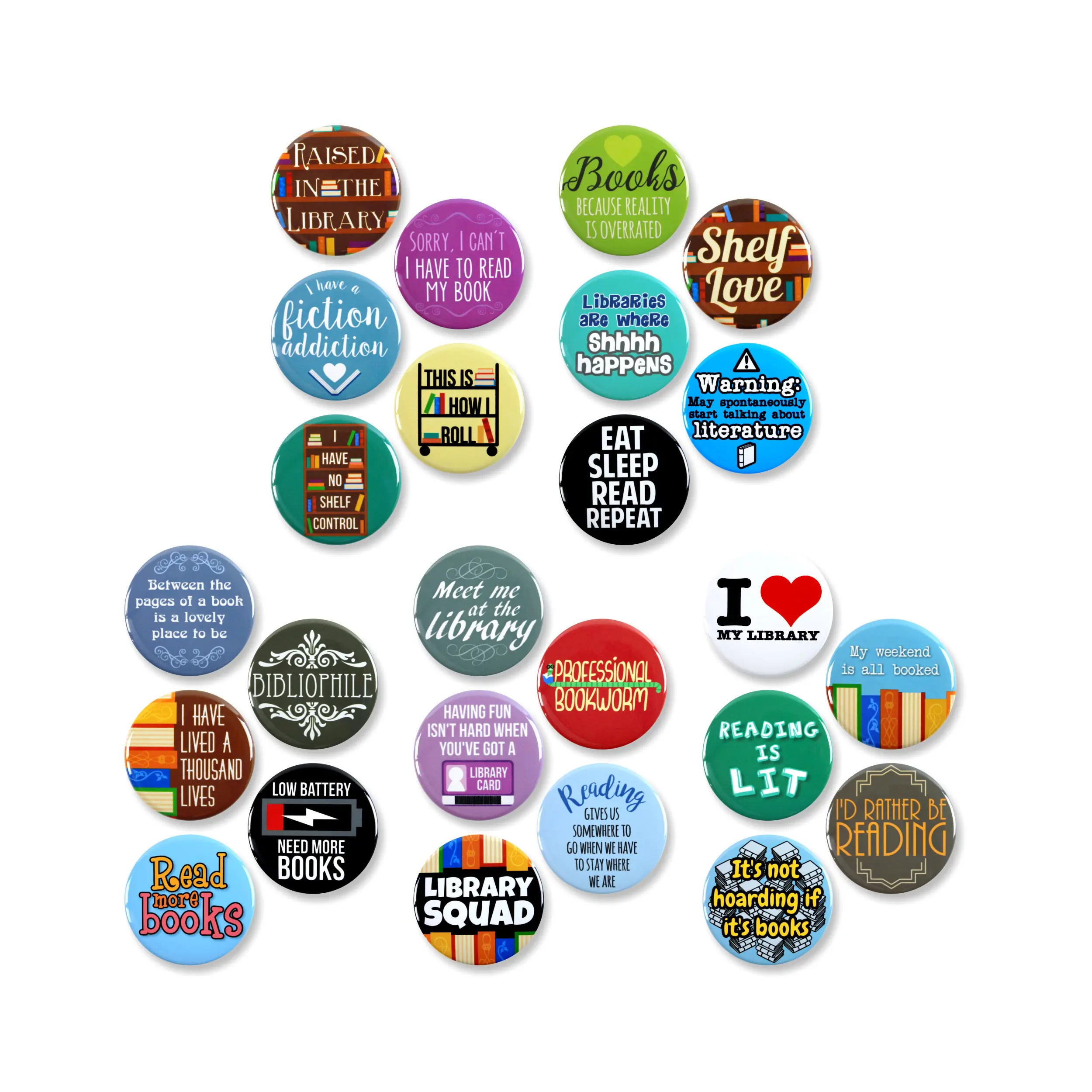 25 Pack - Funny Book and Library Lovers Pinback Button Badges - 1.5 Inch