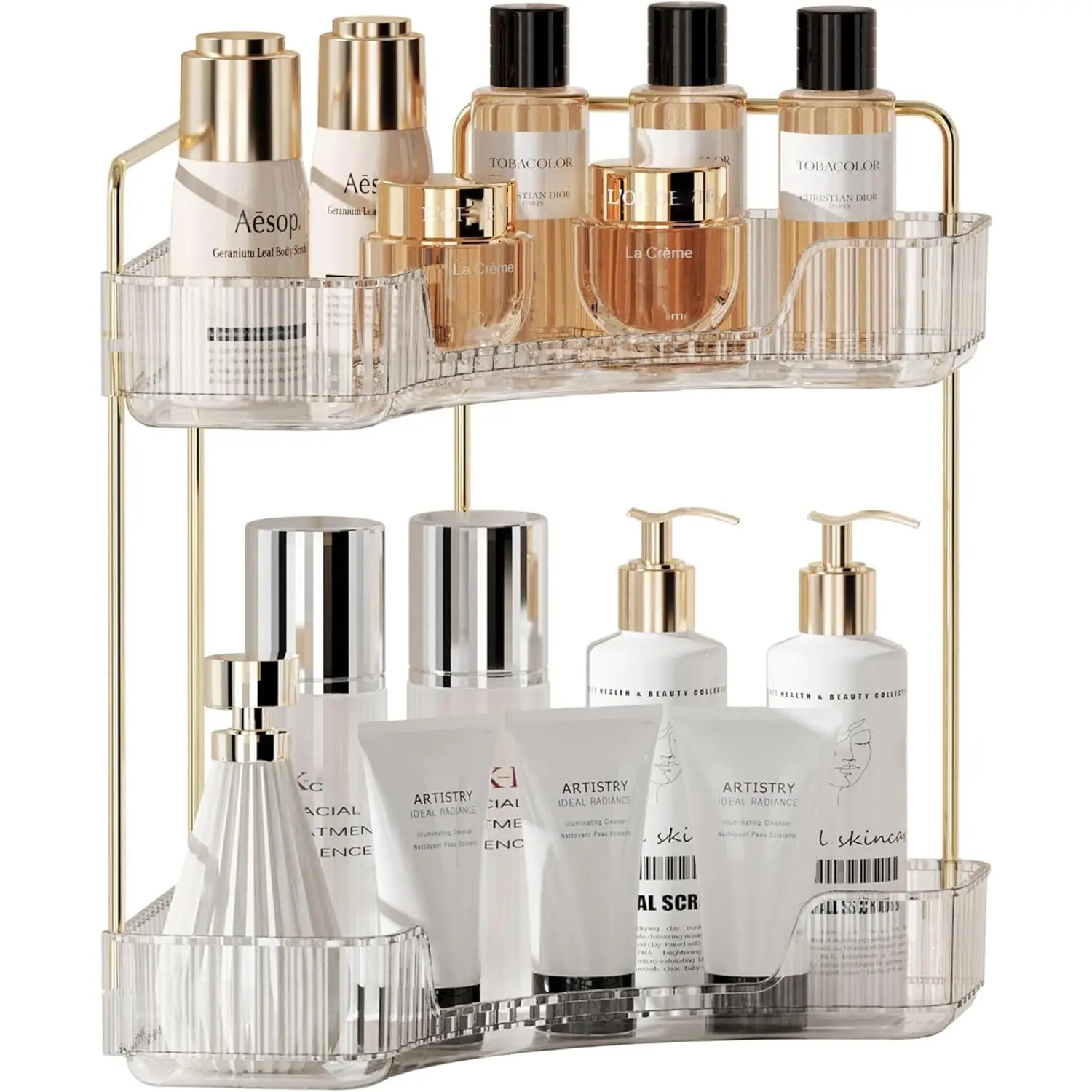 Corner Counter Bathroom Organizer Countertop, 2 Tiers  Perfume Tray, Vanity Organizers for Makeup, Skincare, Clear Corner Rack for Bedroom, Bathroom, Kitchen(Clear White)