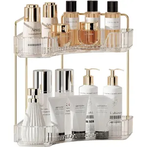 Corner Counter Bathroom Organizer Countertop, 2 Tiers  Perfume Tray, Vanity Organizers for Makeup, Skincare, Clear Corner Rack for Bedroom, Bathroom, Kitchen(Clear White)