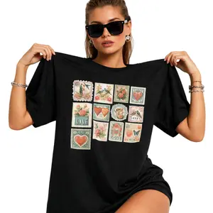 Vintage Love Stamp Print T-shirt Black Shirt Graphic Tee Oversized Casual Top Harajuku Streetwear Outfit Men Women Unisex Fashion Shirt Short Sleeve Loose Fit Sweet Wear Trendy Aesthetic Summer Top Street Style Cute Graphic Tee