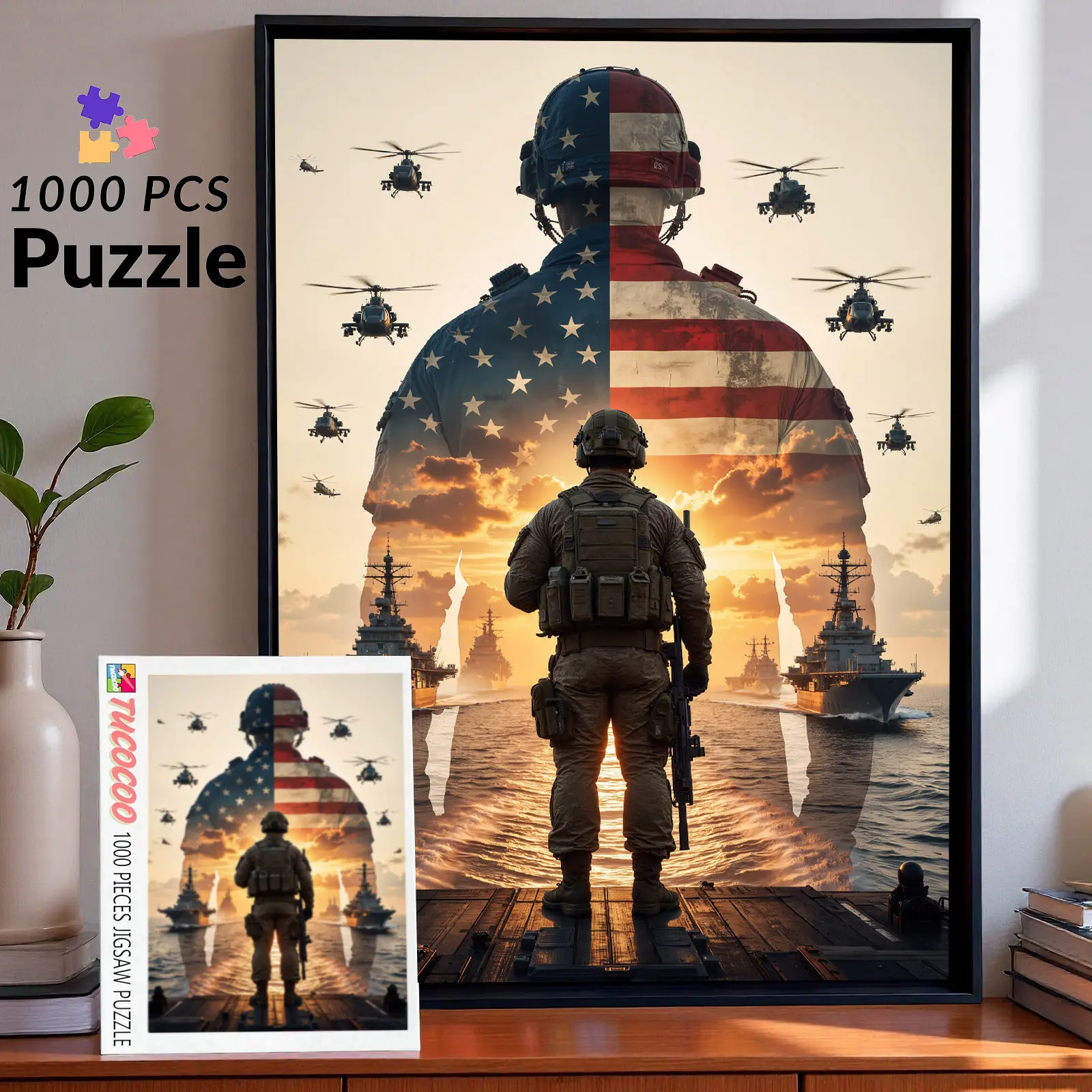 Independence Day American Soldier Tribute 1000 Pieces Jigsaw Puzzle, USA Flag Military Scene with Warships Helicopters Sunset Ocean, Relaxing Family Game Stress Relief Brain Challenge, Decorative Wall Art Gift for Adults Seniors 27.5x20inch(70x50cm)