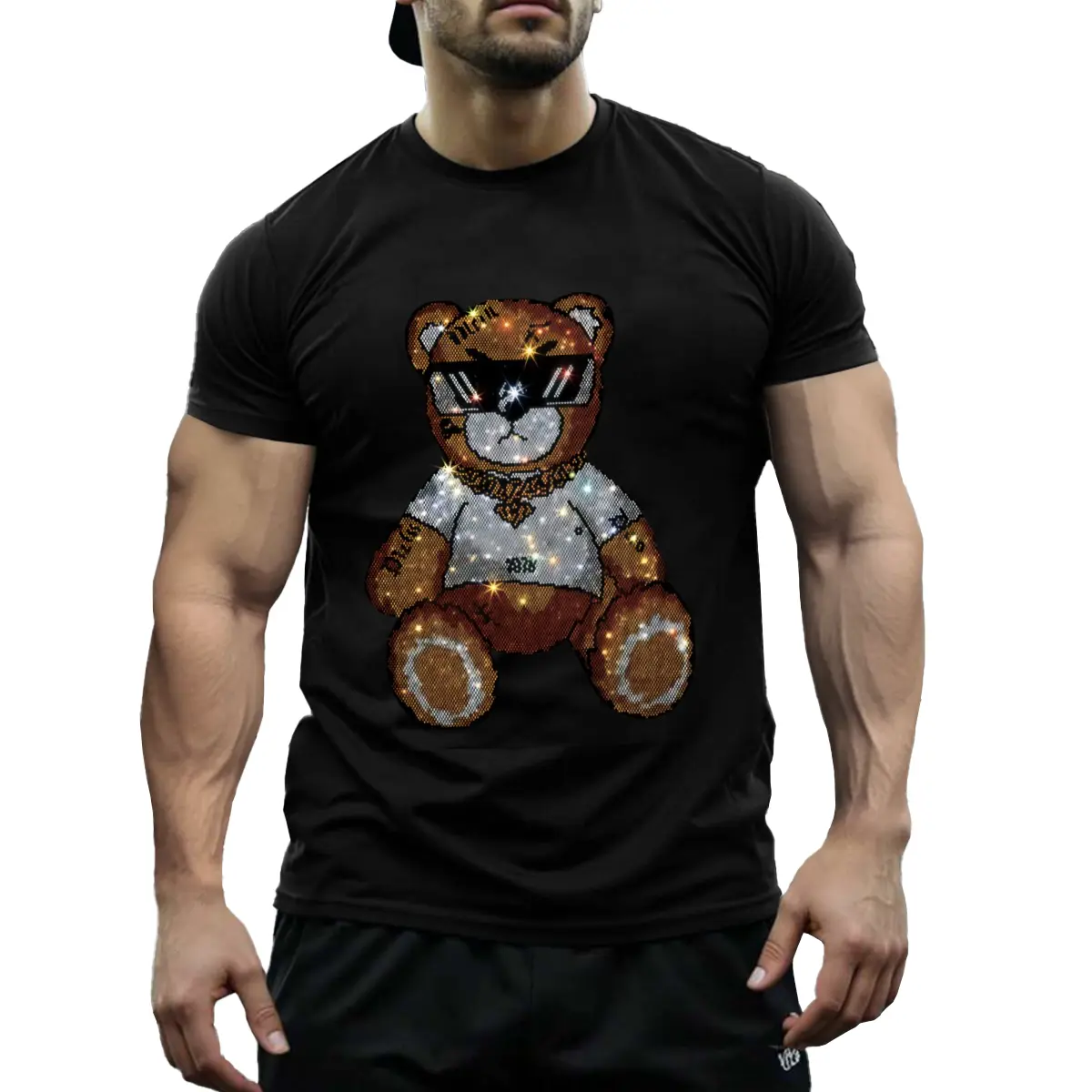 1pc Men'S Rhinestone Teddy Bear Print T-Shirt, Cotton Crew Neck, Casual All-Season Tee with Slight Stretch, High-Quality Workmanship, No Fade or Shrink- Adult Graphic Top