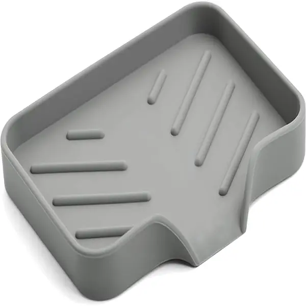 Sponge Holder with Drain Nozzle for Kitchen Sink, Dishwashing Sponge Tray | Silicone Sponge Caddy, Soap Dish for Shower & Bathroom (Gray, 4.7 x 3.6 Inches)