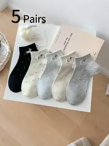 5 Pairs Women's Sock Sets, Spring Summer Thin Japanese Style Anti-Odor Breathable Student Crew Socks, Cute Dog Polka Dot Ankle Socks, Casual Daily Wear