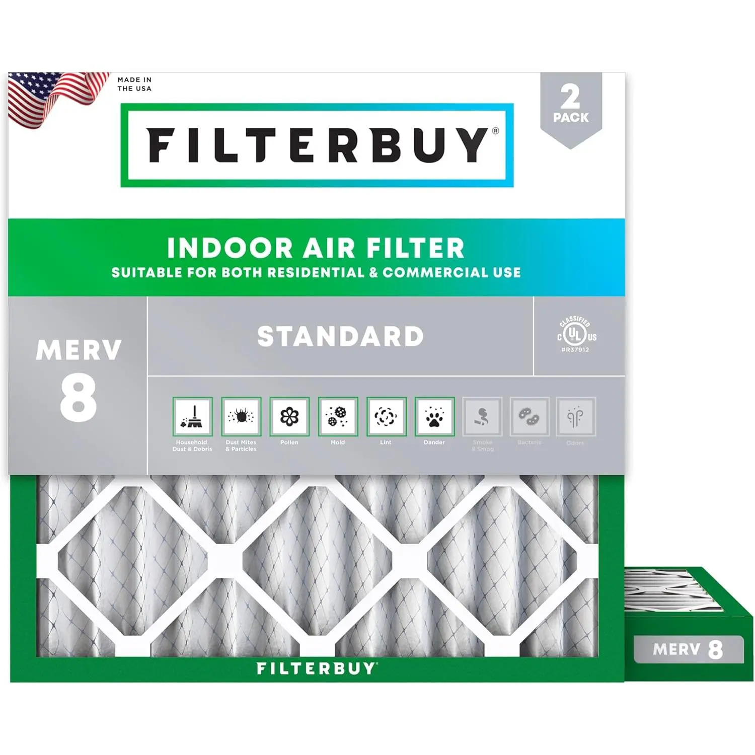 Filterbuy Household 17.25x17.25x2 In Air Filter (2-Pack), Synthetic Polypro Pleated MERV 8 Dust Defense HVAC AC Furnace Air Filters