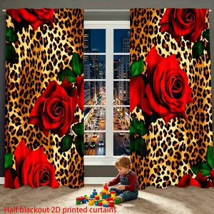 2 Piece Leopard Rose Print Curtains, Room Decor Curtain, Semi-Transparent Polyester Fabric, Rod Pocket Design, Suitable for Bedroom Living Room Dining Kitchen, Window Curtain, Home Decorative Curtain