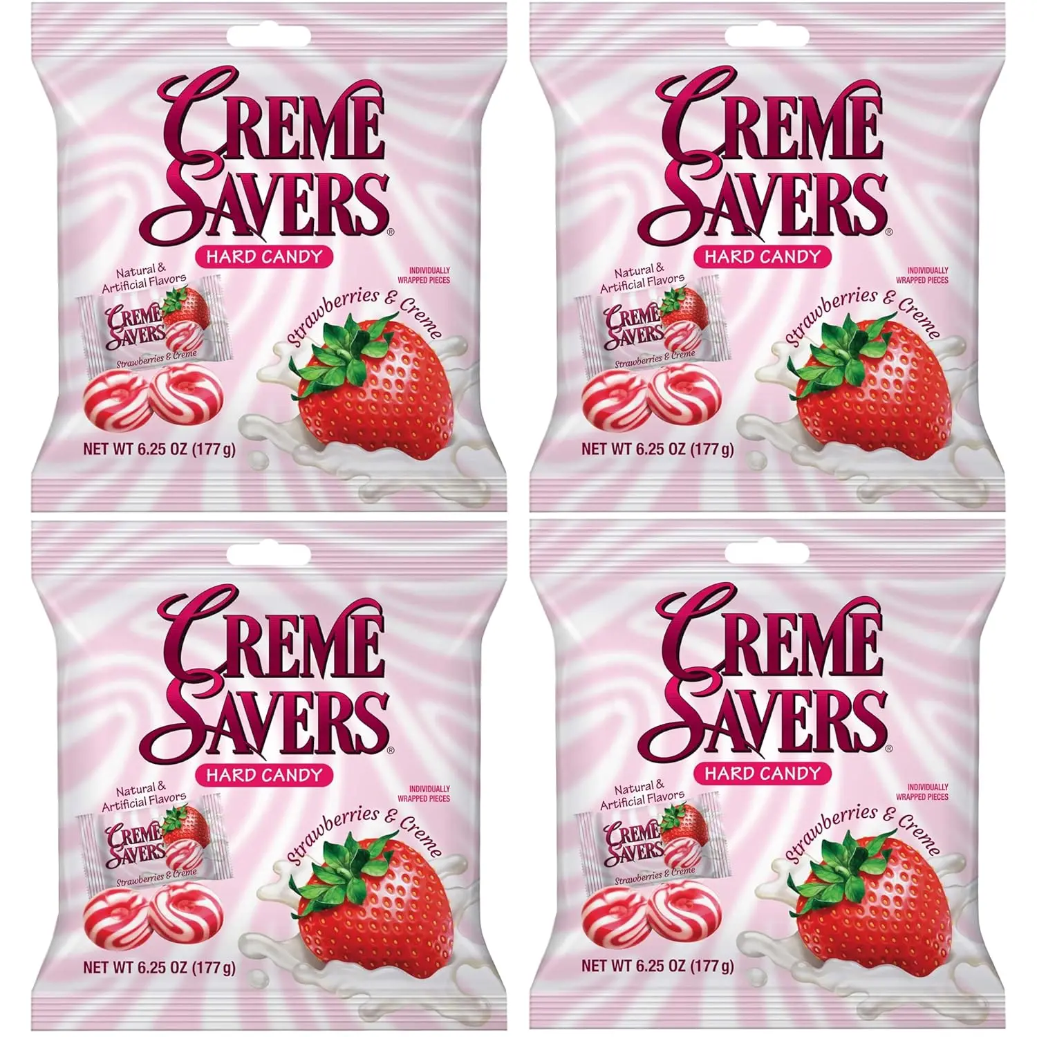 Cream Savers Strawberries & Cream, 6.25 Ounce Bag (Pack of 4), Individually Wrapped Hard Candy, Strawberry Candy