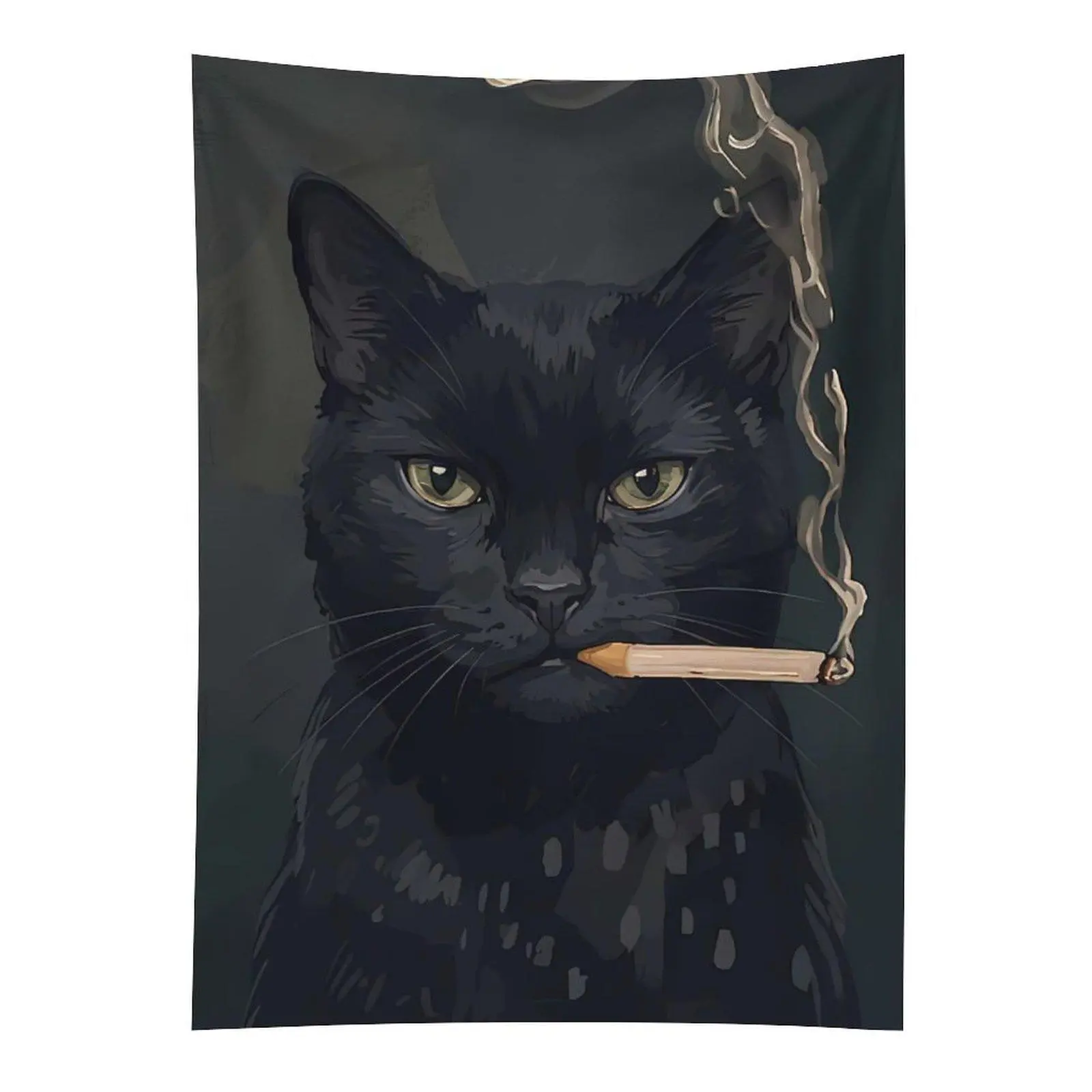 Smoking Black Cat Tapestry, Dark Funny Kitty Wall Hanging Decoration for Home Decor, Polyester