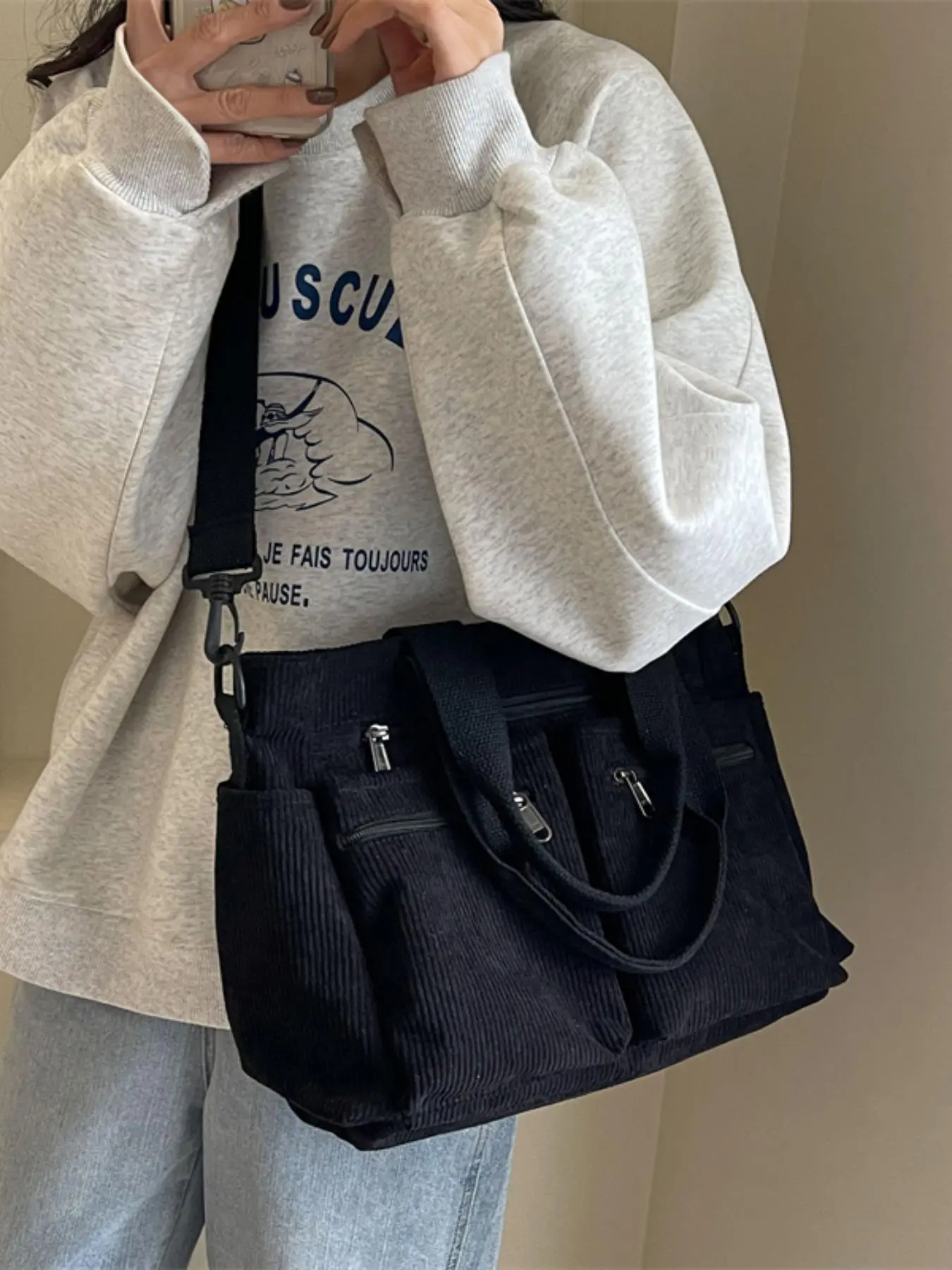 Women's Solid Color Zipper Tote Bag, Large Capacity Multi-pocket Portable Shoulder Bag, Casual Trendy Versatile High-quality Daily Commuting Bag, Business Style Tote Women's Solid Color Zipper Tote Bag, Large Capacity Multi-pocket Portable Shoulder Bag, Casual Trendy Versatile High-quality Daily Commuting Bag, Business Style Tote