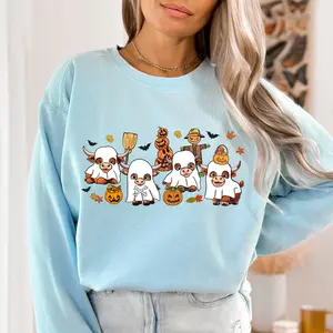 Funny Halloween Cow Sweatshirt – Highland Cows in Ghost Costumes, Cute Fall Western Pullover