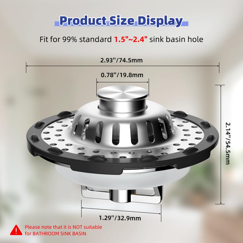 Hibbent Bathtub Drain Stopper with Visible Top Hair Catcher, Innovative 3 in 1 Pop-up Bathtub Strainer Fit for Standard 1.5 to 2.4in Drain Hole, with Detachable Stainless Steel Filter Basket, Chrome