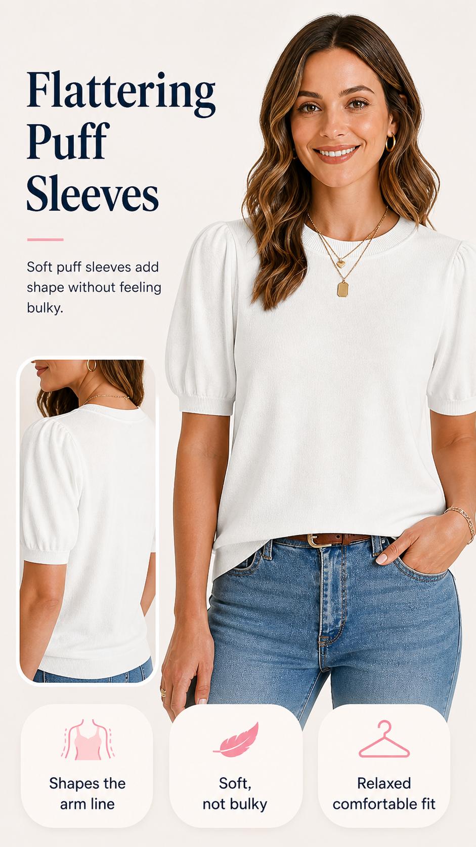 OFEEFAN Women's Puff Short Sleeve 2025 Spring Summer Sweater - Lightweight Knit Top - Business Casual Blouse, Soft & Breathable for Layering OFEEFAN Women's Puff Short Sleeve 2025 Spring Summer Sweater - Lightweight Knit Top - Business Casual Blouse, Soft & Breathable for Layering