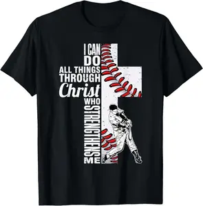 100% Cotton Funny I Can Do All Things Baseball Catcher Pitcher Boys Men T-Shirt
