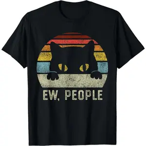 [100% Cotton]Ew People Retro Cat Funny Vintage Anti Social Introvert T-Shirt Graphic Tees Crewneck Shortsleeve Casual Classic
