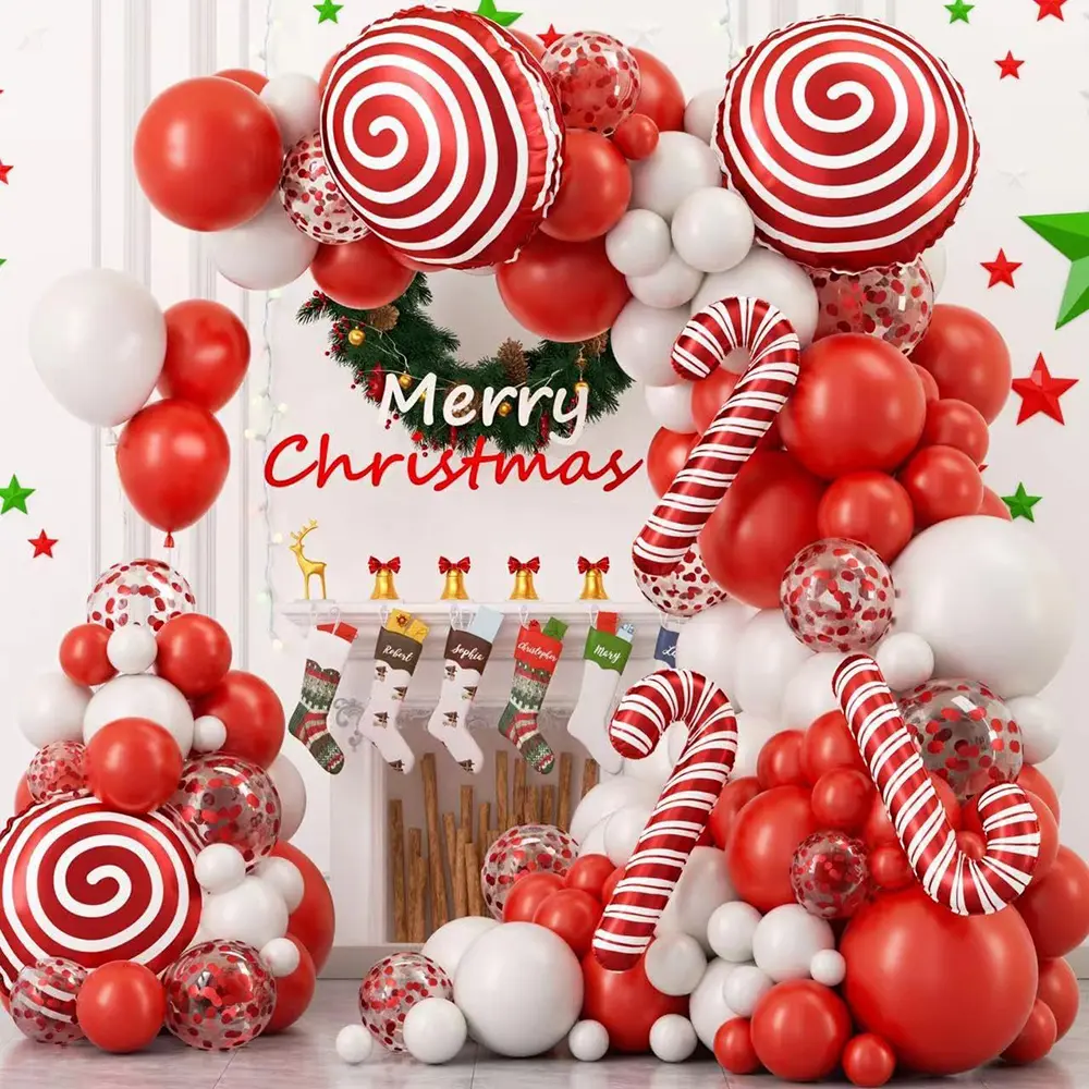 Christmas Balloons Garland Kit - Round White, Red, Confetti, Candy Cane Foil Decorative Arch for Xmas, Birthday, Anniversary, Baby Shower Home Festive Room Party Supplies (Patchwork Design Included), Room Decor, Latex Balls