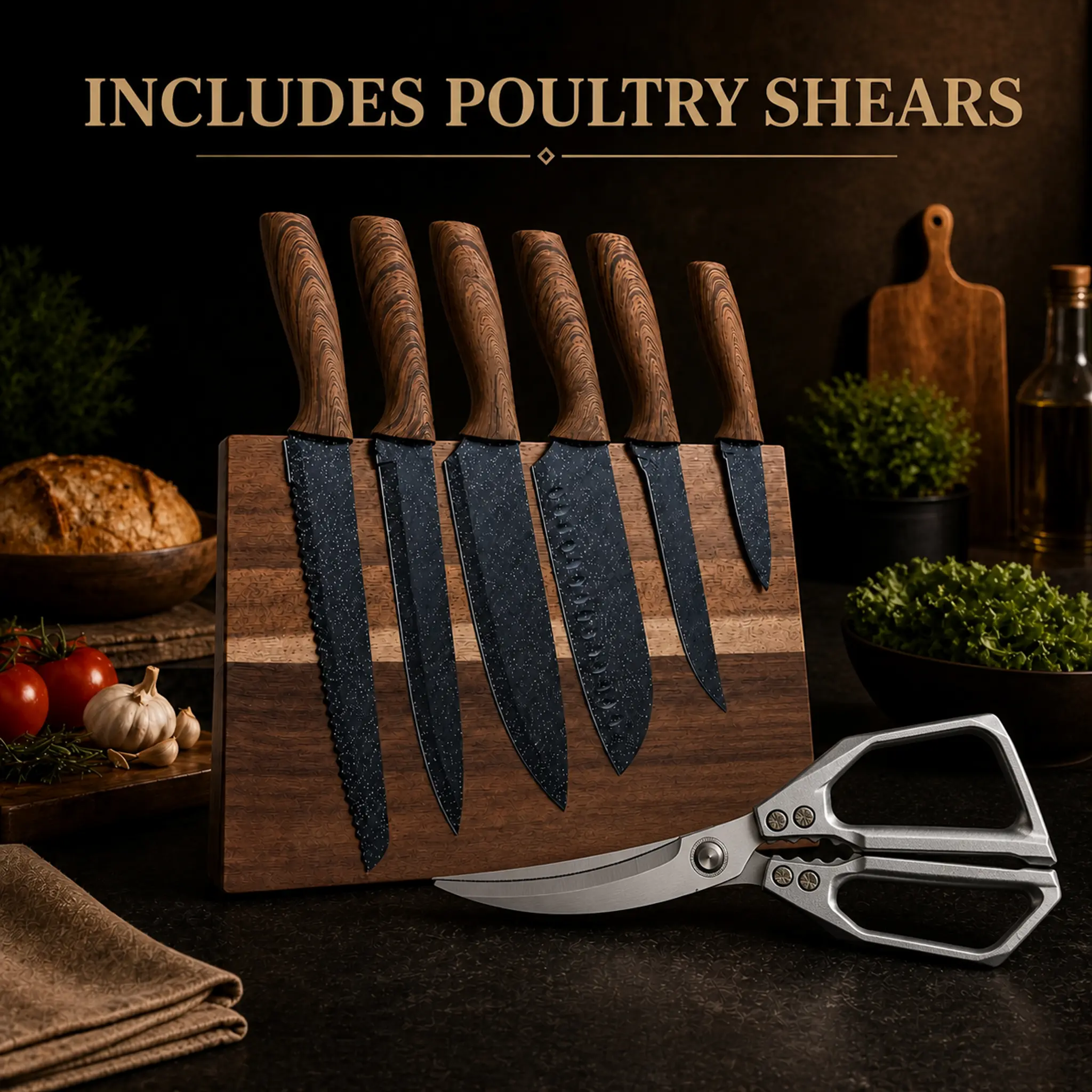 6-Piece Kitchen Knife Block Set, Ultra Sharp Non-Stick Chef Knives with Ergonomic Wood Grain Handle for Home Kitchen Use, Six Pieces