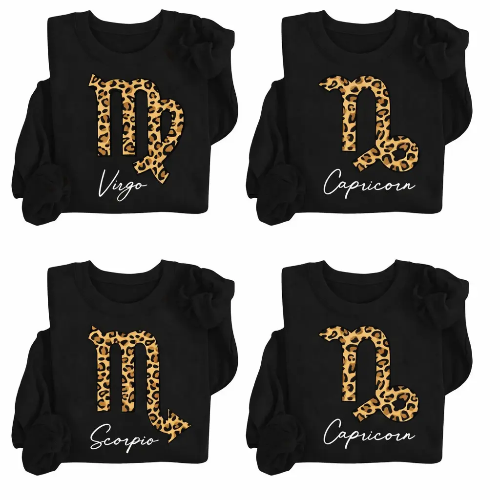 Leopard 12 Zodiac Signs Sweatshirt – Astrology Graphic Pullover, Birthday Gift for Women, Virgo Scorpio Capricorn Aries Taurus Gemini Cancer Leo Libra Sagittarius Aquarius Pisces Womenswear Tops