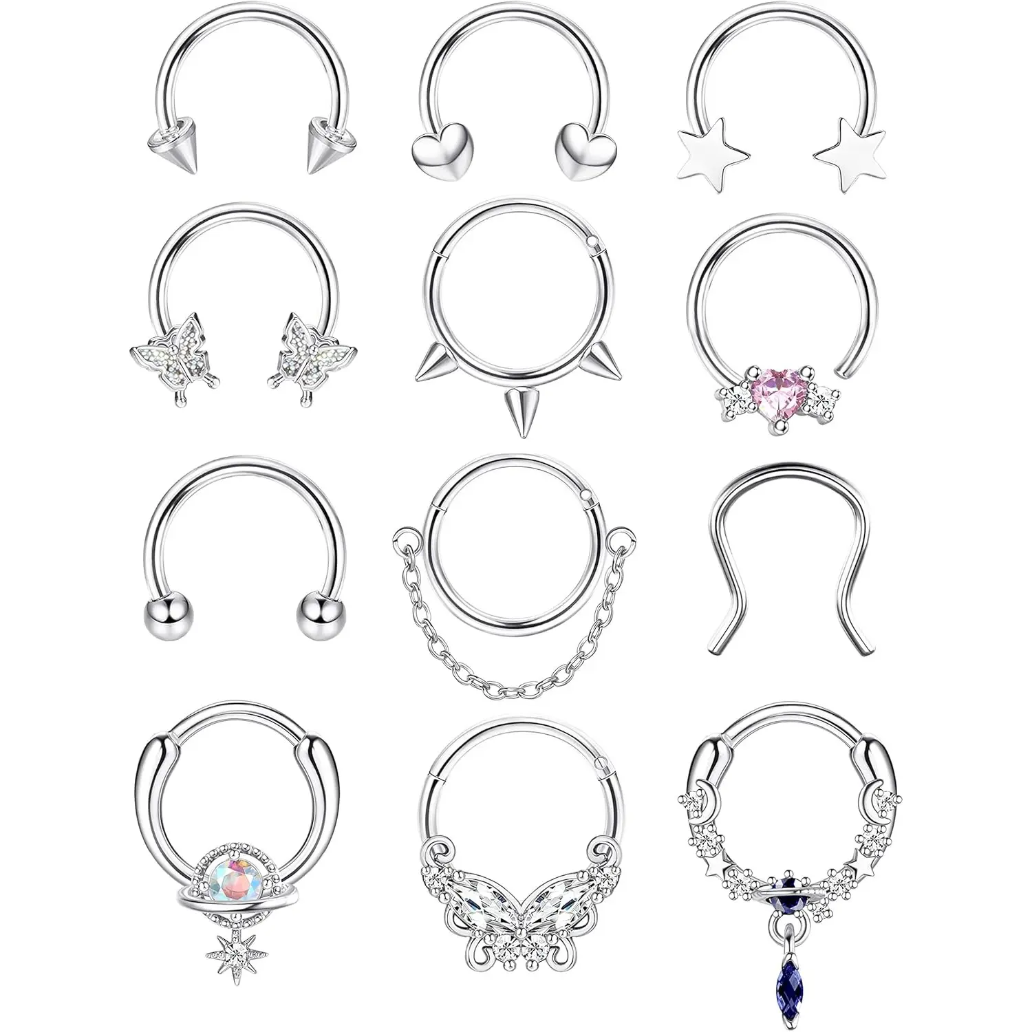 Milacolato Septum Ring 12Pcs Set, 16G 10mm Stainless Steel Clicker Hoops with Heart & Butterfly Dangles for Various Nose Piercing Styles, Clicker Septum Ring, Hypoallergenic Cubic Zirconia, Bling Effect