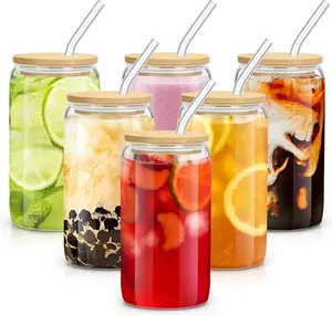 6Pcs 16oz Glass  with Lids, Straws and Brushes, Drinking Cup Set with Bamboo Lids and Straw, coffee, cocktails Drinkware Stylish Mug Reusable Tumblers