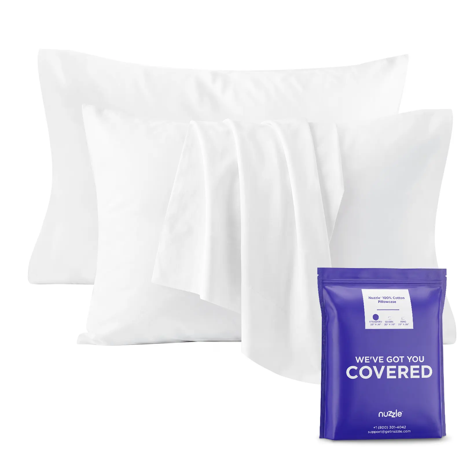 Nuzzle Pillow Cases Standard Size, 100% Cotton Pillowcases with Envelope Closure, White Pillow Covers 20 x 26 inches, Pillow Protector with 300 Thread Count Soft and Breathable