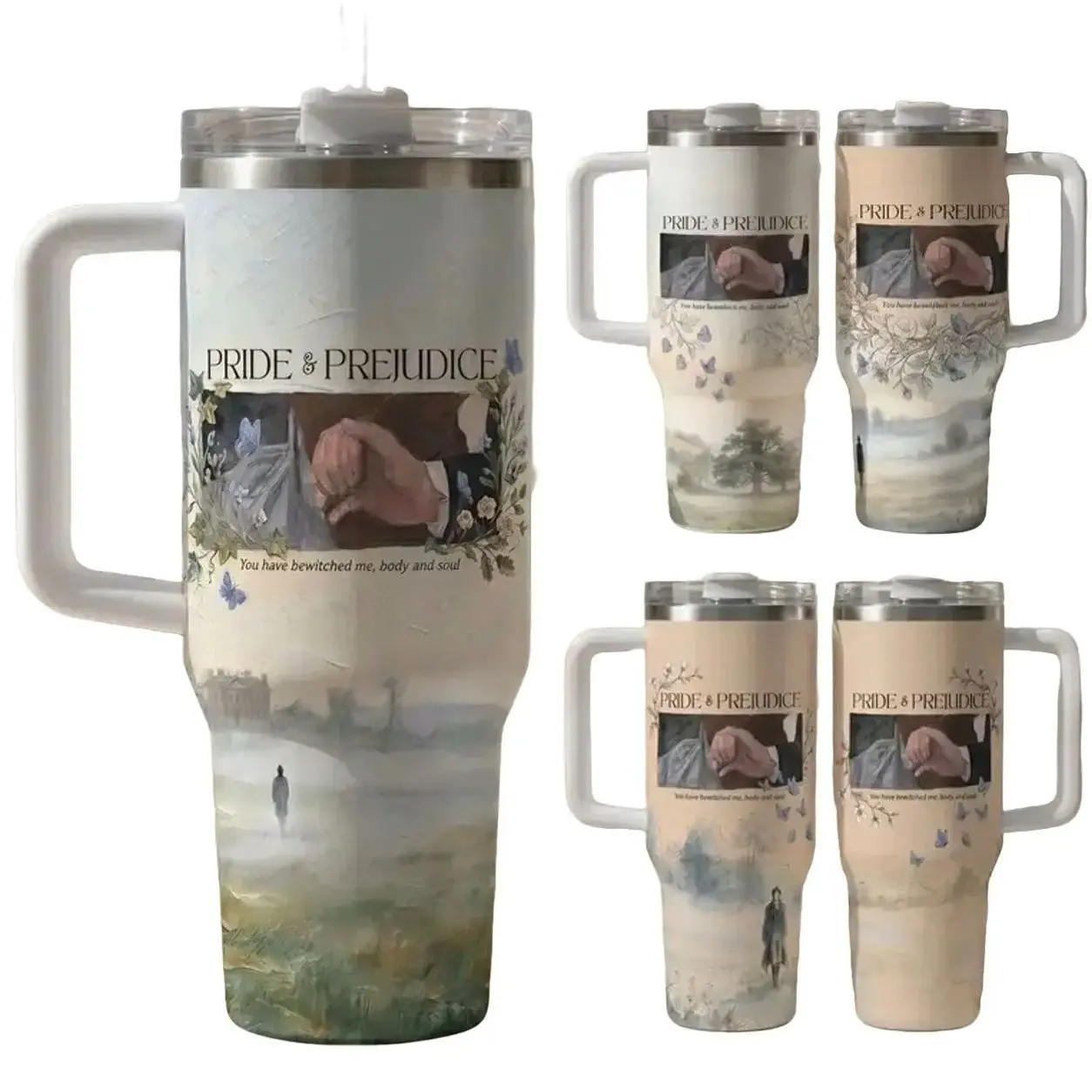 Pride and Prejudice Darcy's Hand Flex Scene 40oz Tumbler With Handle, Fitzwilliam Darcy & Elizabeth Bennet Inspired Stainless Steel Travel Mug, Jane Austen Gift for Regency Romance Lovers