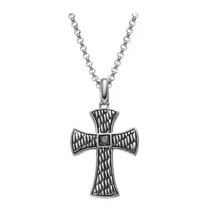 JewelMore 1/8 Carat T.W. Black Diamond Sterling Silver Textured Cross Pendant Necklace - Men