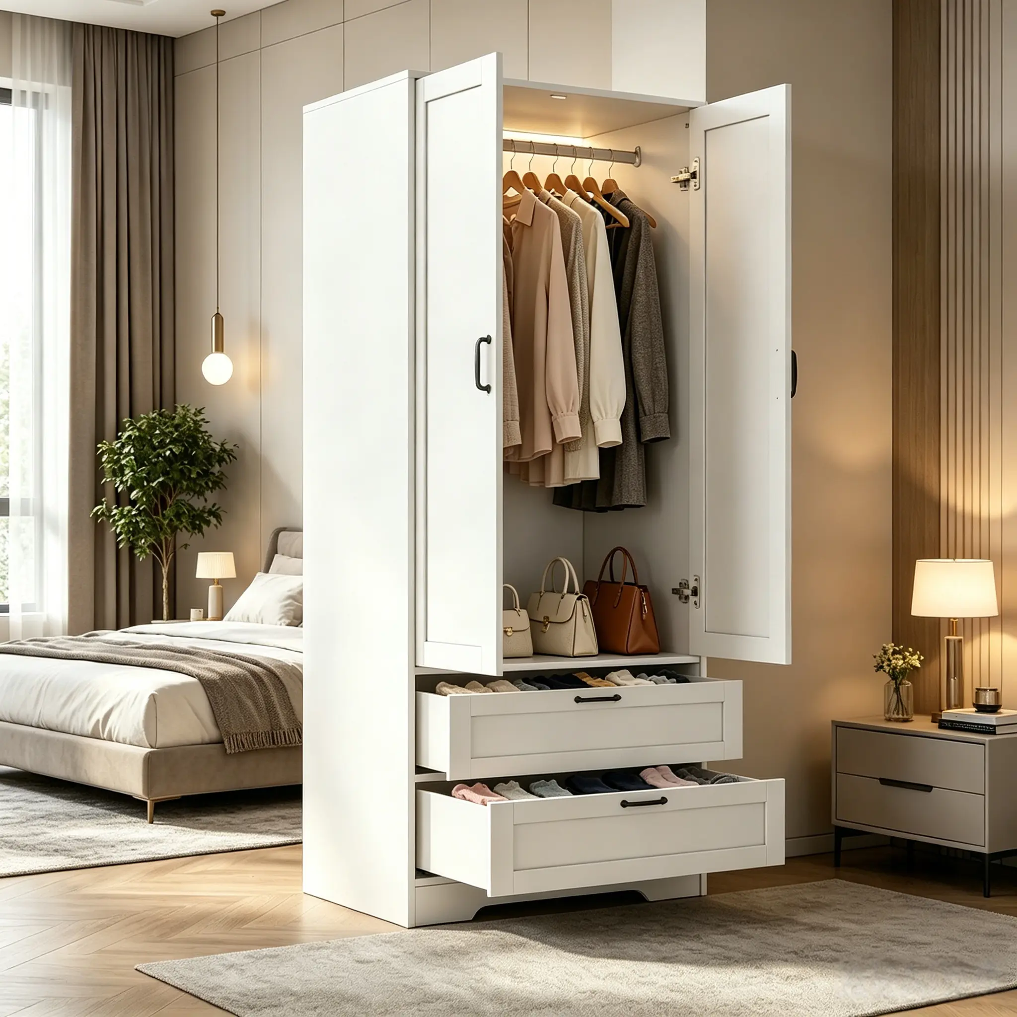 Wardrobe with doors and drawers, 63.5-inch tall independent wardrobe for hanging clothes, large wardrobe with hangers for bedrooms, offices, schools, black and white