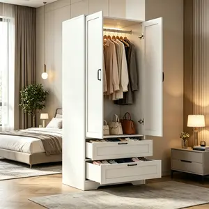 Wardrobe with doors and drawers, 63.5-inch tall independent wardrobe for hanging clothes, large wardrobe with hangers for bedrooms, offices, schools, black and white