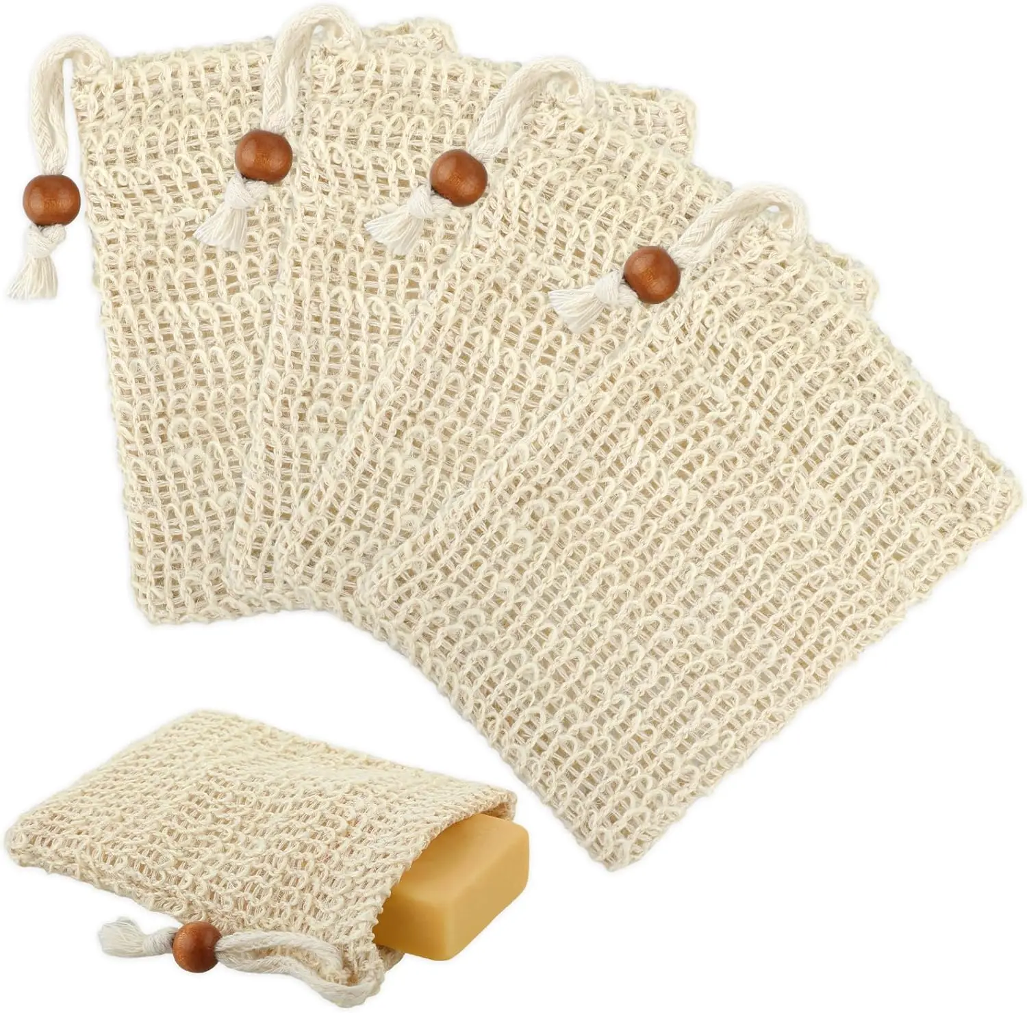 4pcs Soap Bags, Natural Sisal Soap Saver Bag, Exfoliating Soap Pouch, Soap Scrubber Pouch, Plastic-Free Exfoliating Foaming and Drying Soap Holder for Shower